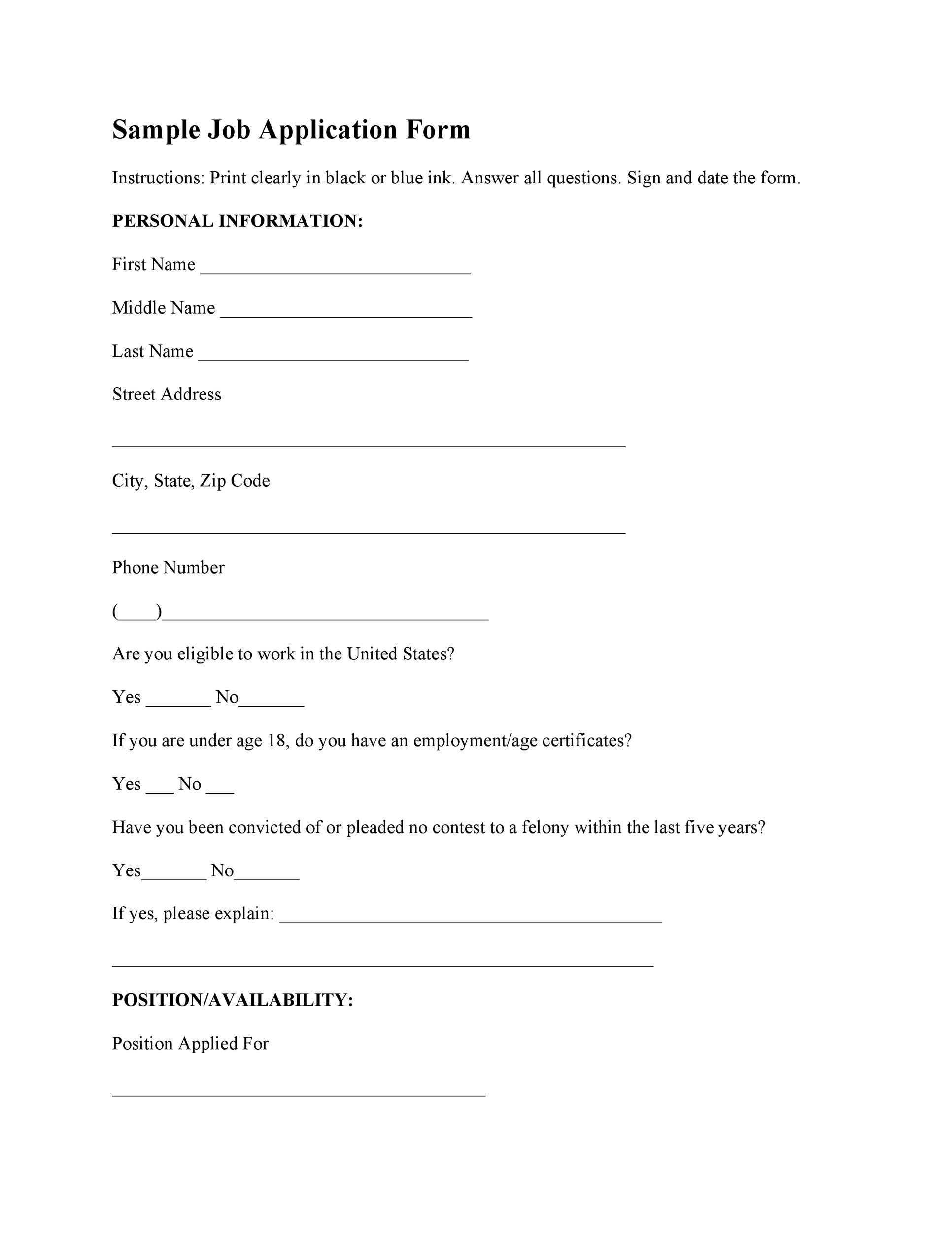 50 Free Employment Job Application Form Templates Printable 