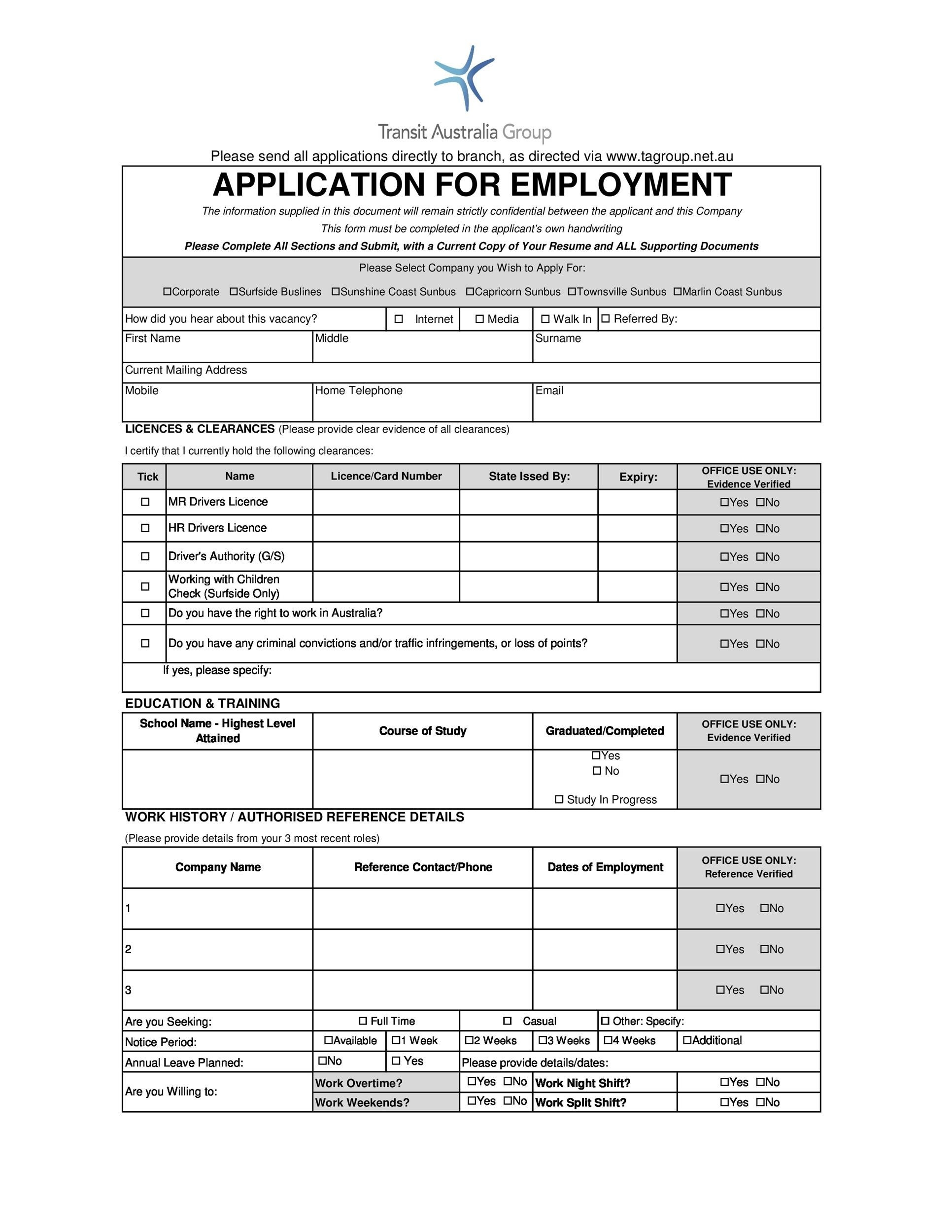 50 Free Employment Job Application Form Templates Printable 