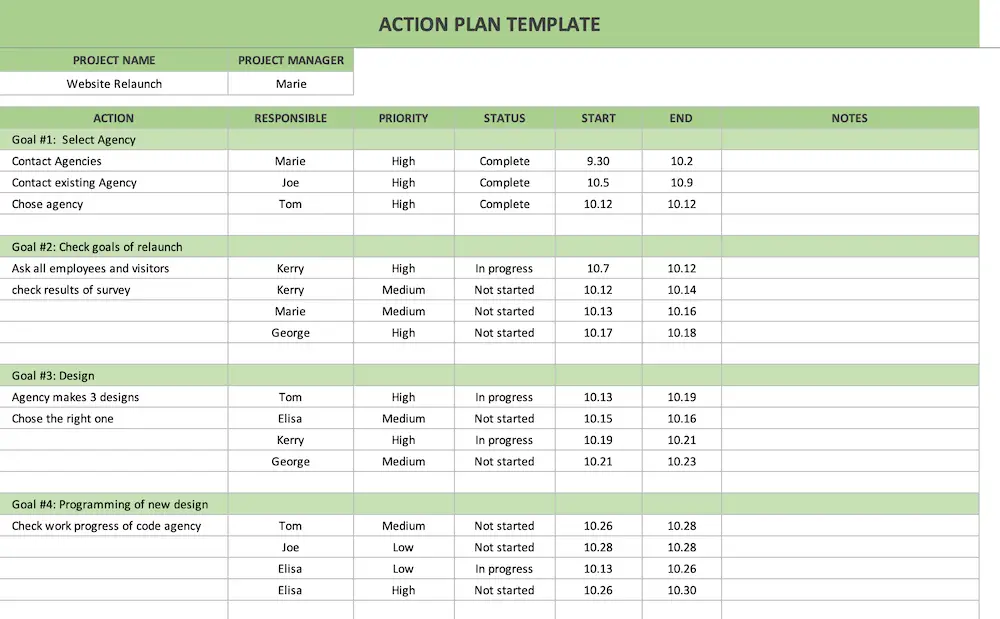 Action Plan With Excel free Template 