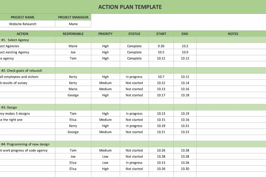 Action Plan With Excel free Template