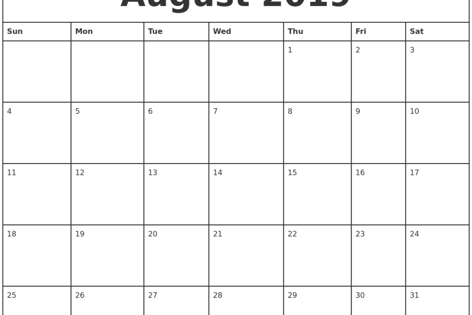 August 2019 Printable Monthly Calendar