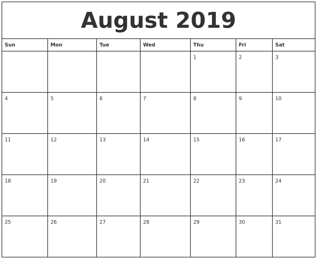 August 2019 Printable Monthly Calendar