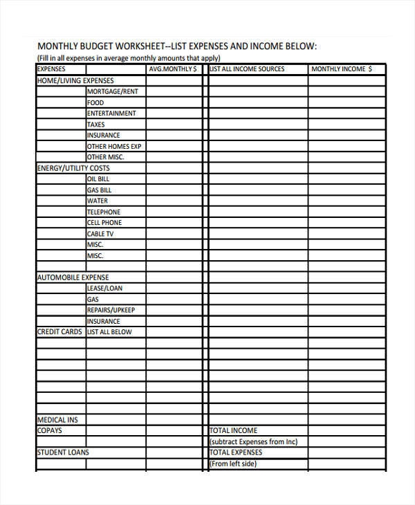 Average Monthly Expenses List Printable Forms Free Online