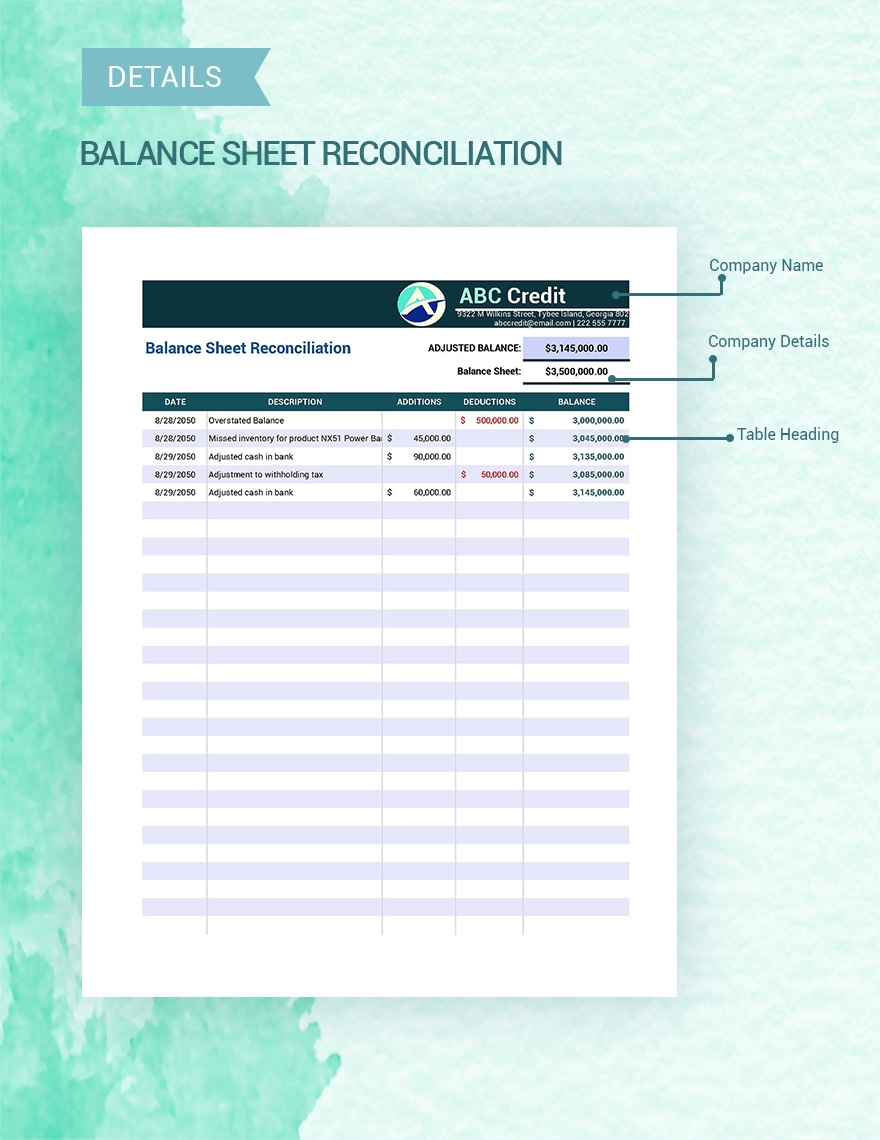 Balance Sheet Reconciliation Google Sheets Excel Template