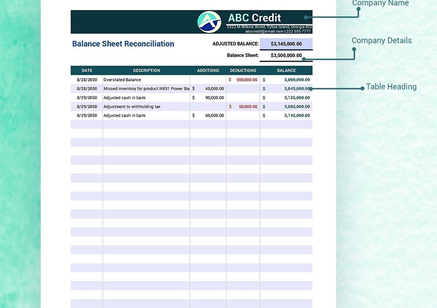 Balance Sheet Reconciliation Google Sheets Excel Template