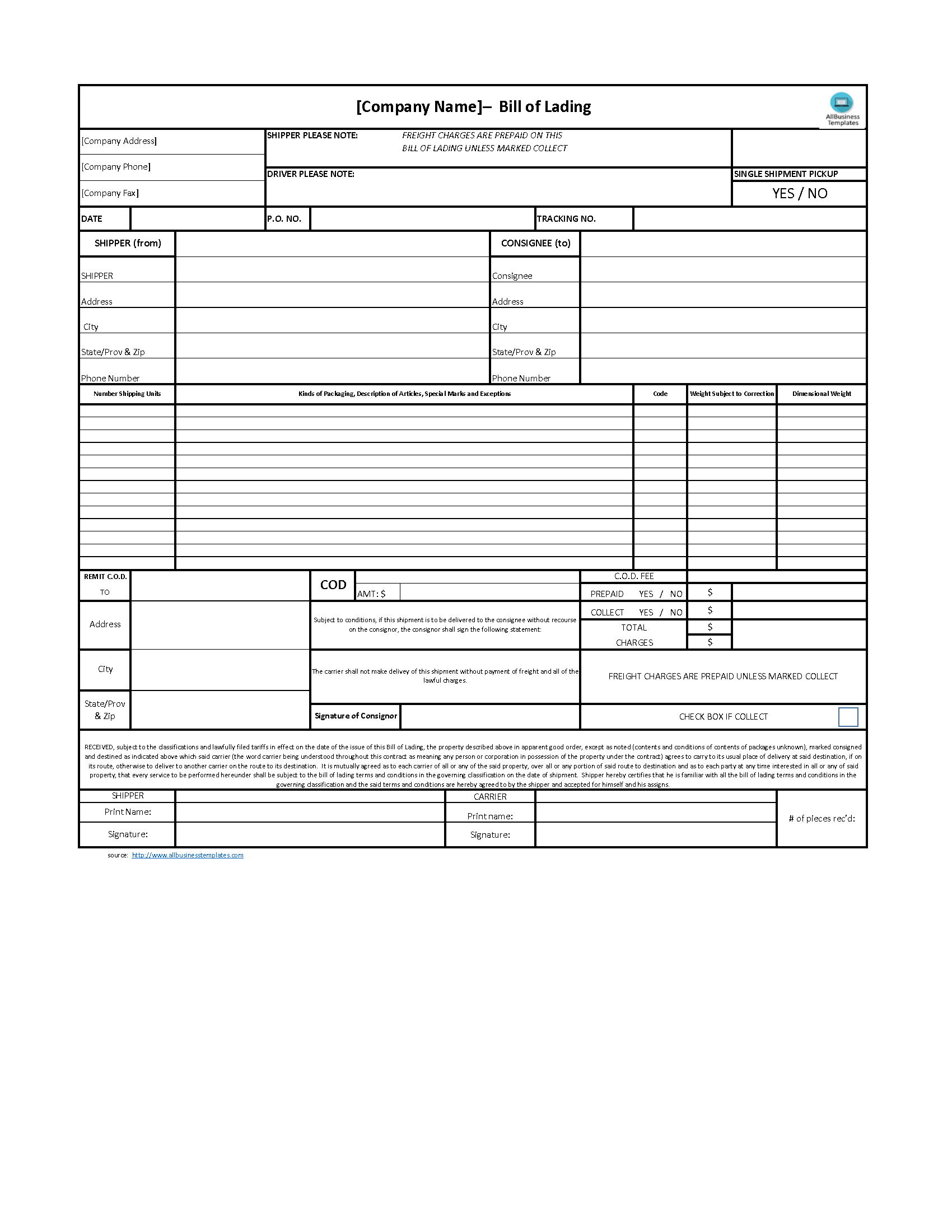 Bill Of Lading Excel Template Templates At Allbusinesstemplates