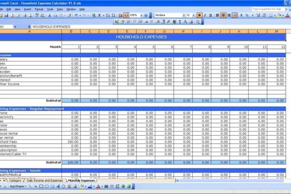 Bills Spreadsheet Template Db excel