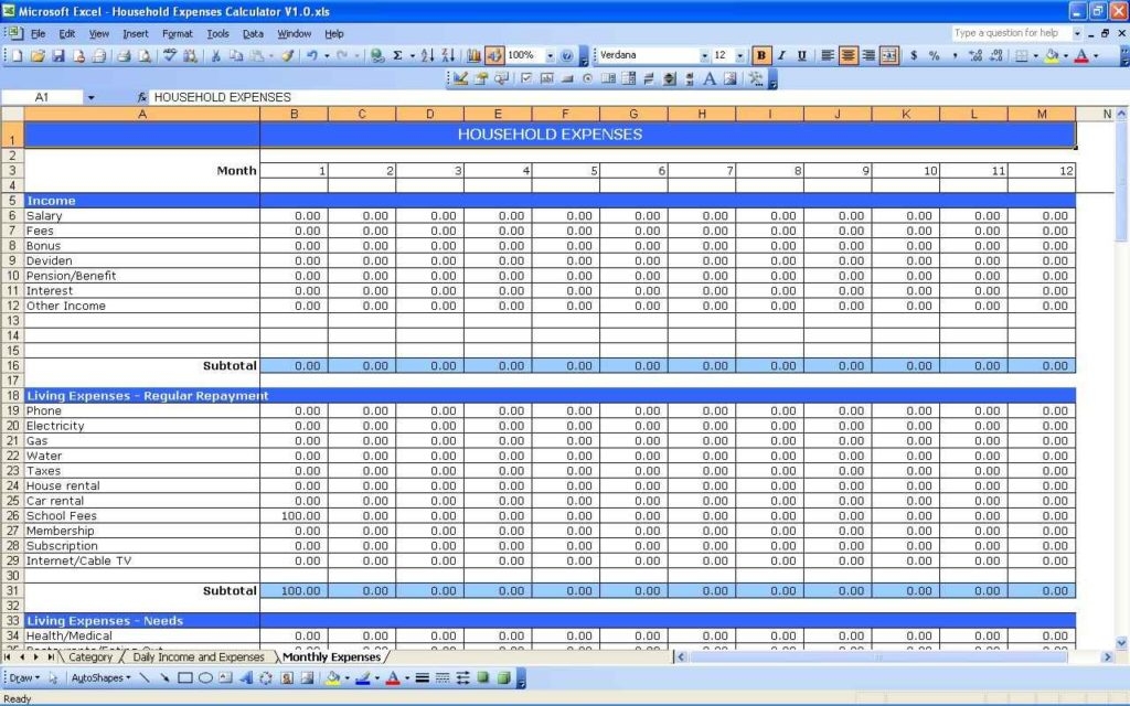 Bills Spreadsheet Template Db excel