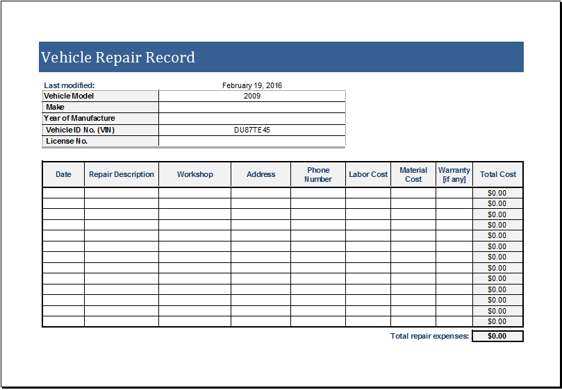 Car Service Log Excel Template