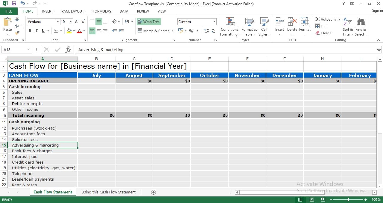 Cash Flow Statement Excel Template