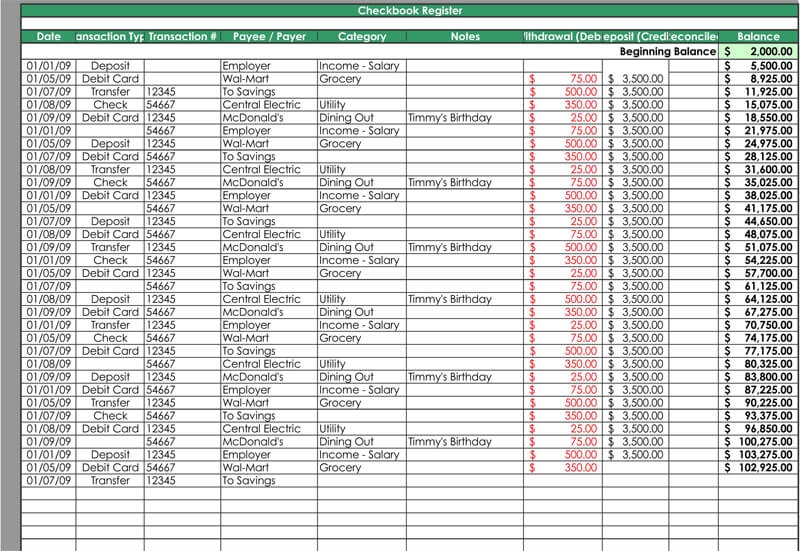 Check Register Excel Template