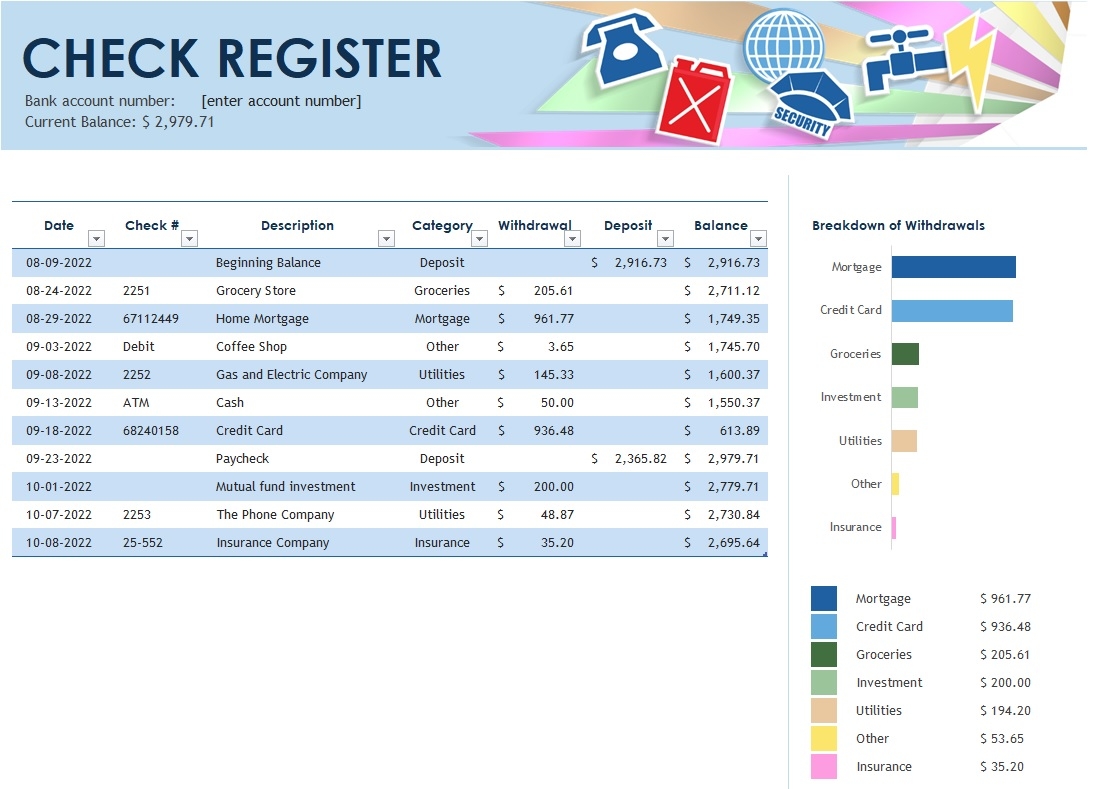 Check Register With Chart Template In Excel Download xlsx 