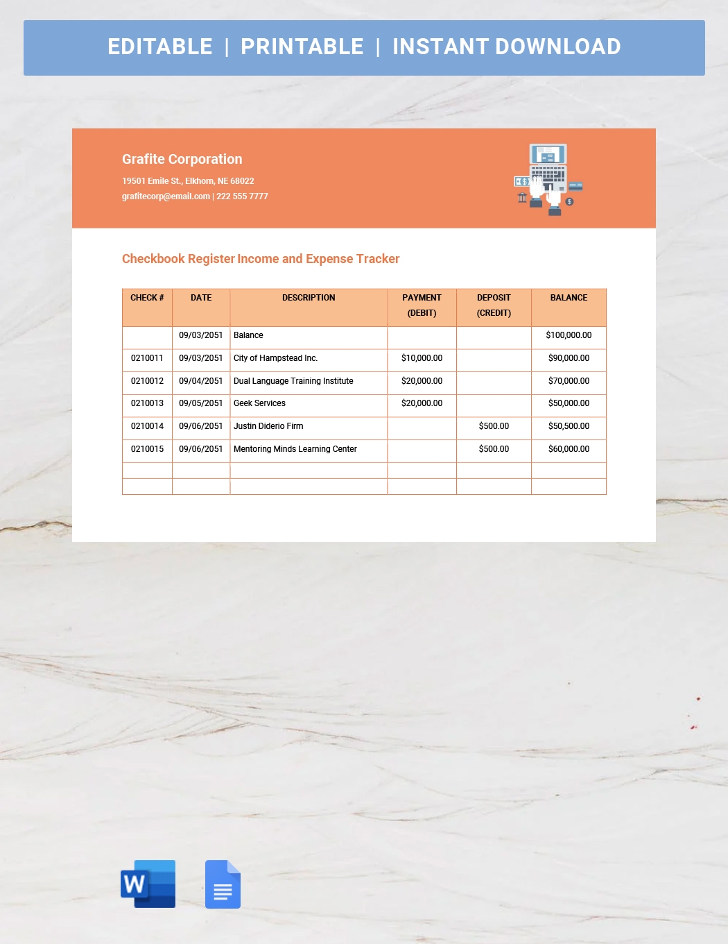 Checkbook Register Income And Expense Tracker Template Google Docs 