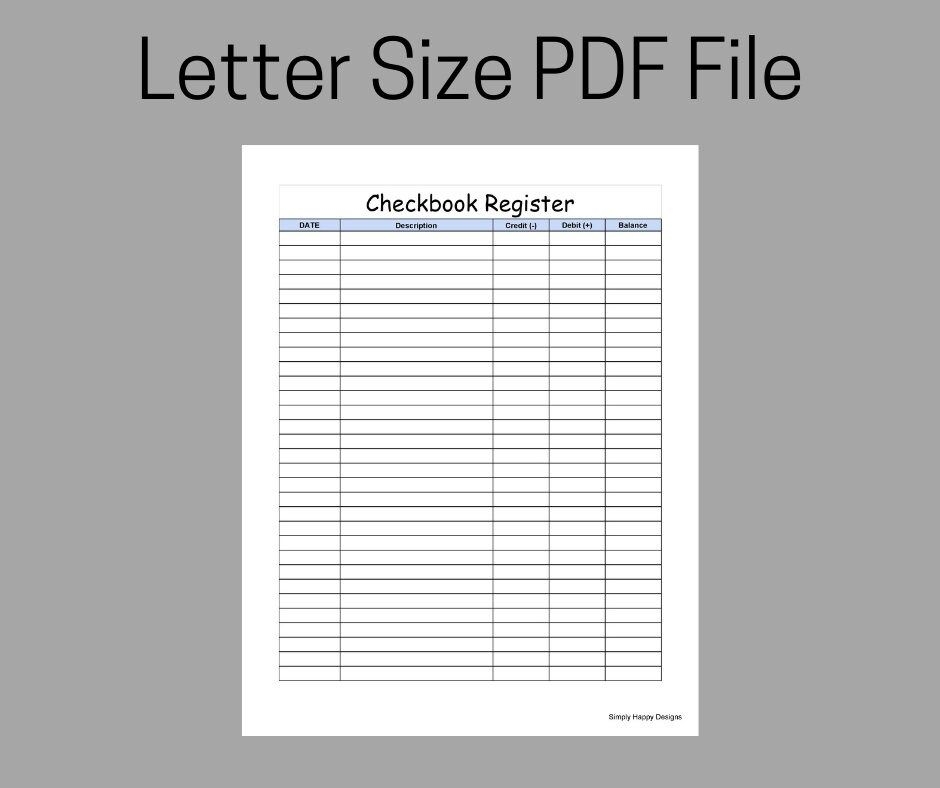 Checkbook Register Printable PDF Letter Size Finance Tracker Income 
