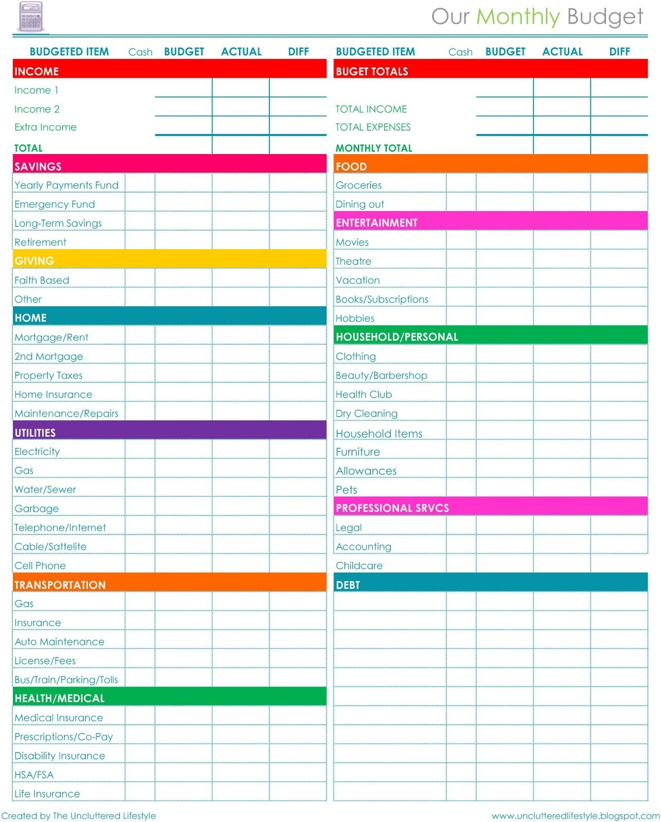 Colorful Monthly Budget Sheet