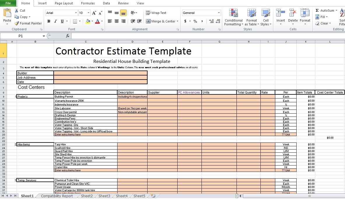 Construction Estimate Excel Template