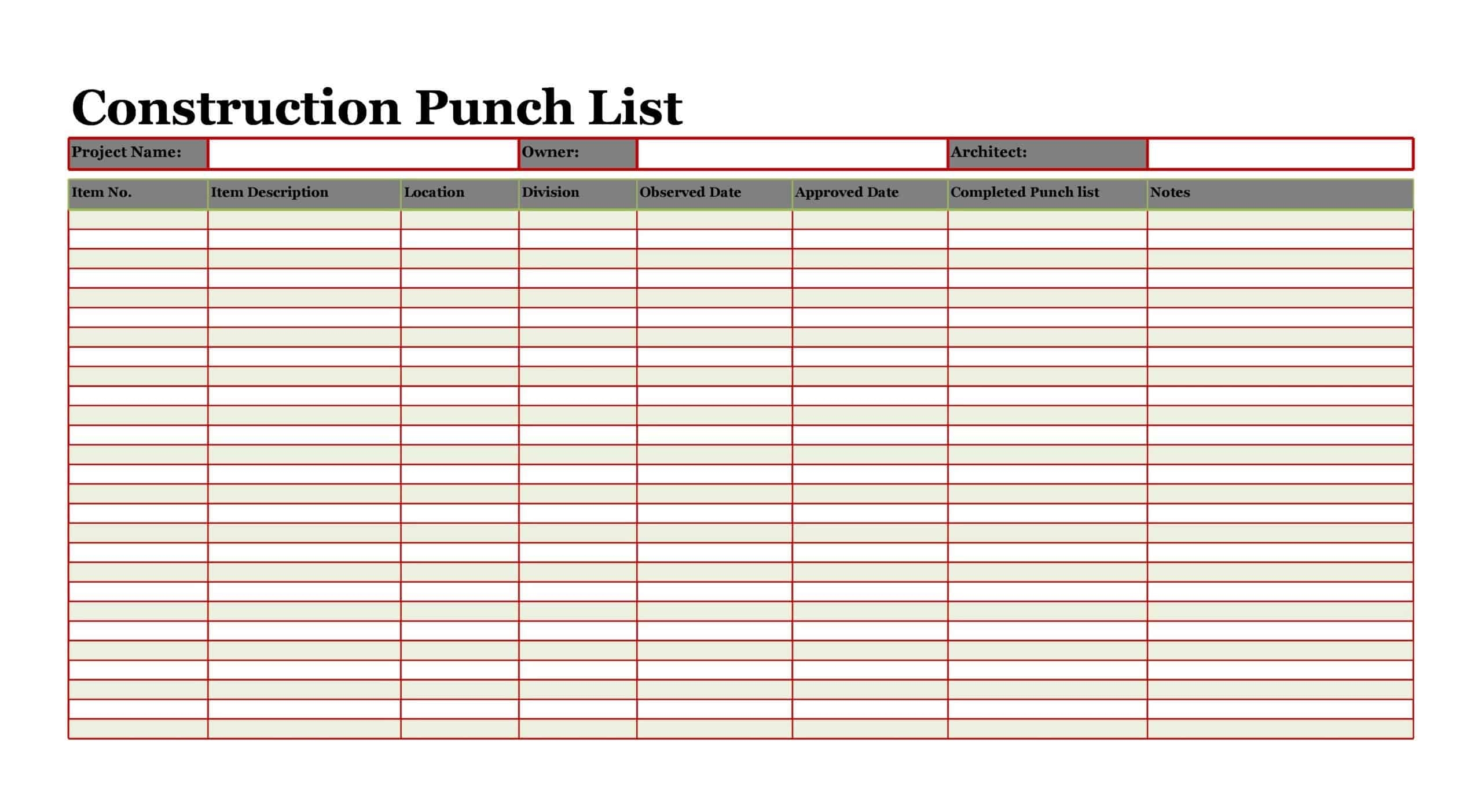 Construction Punch List Template Excel