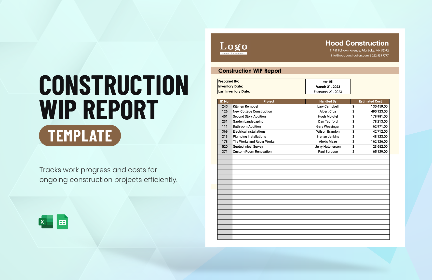 Construction WIP Report Template In Excel Google Sheets Download 