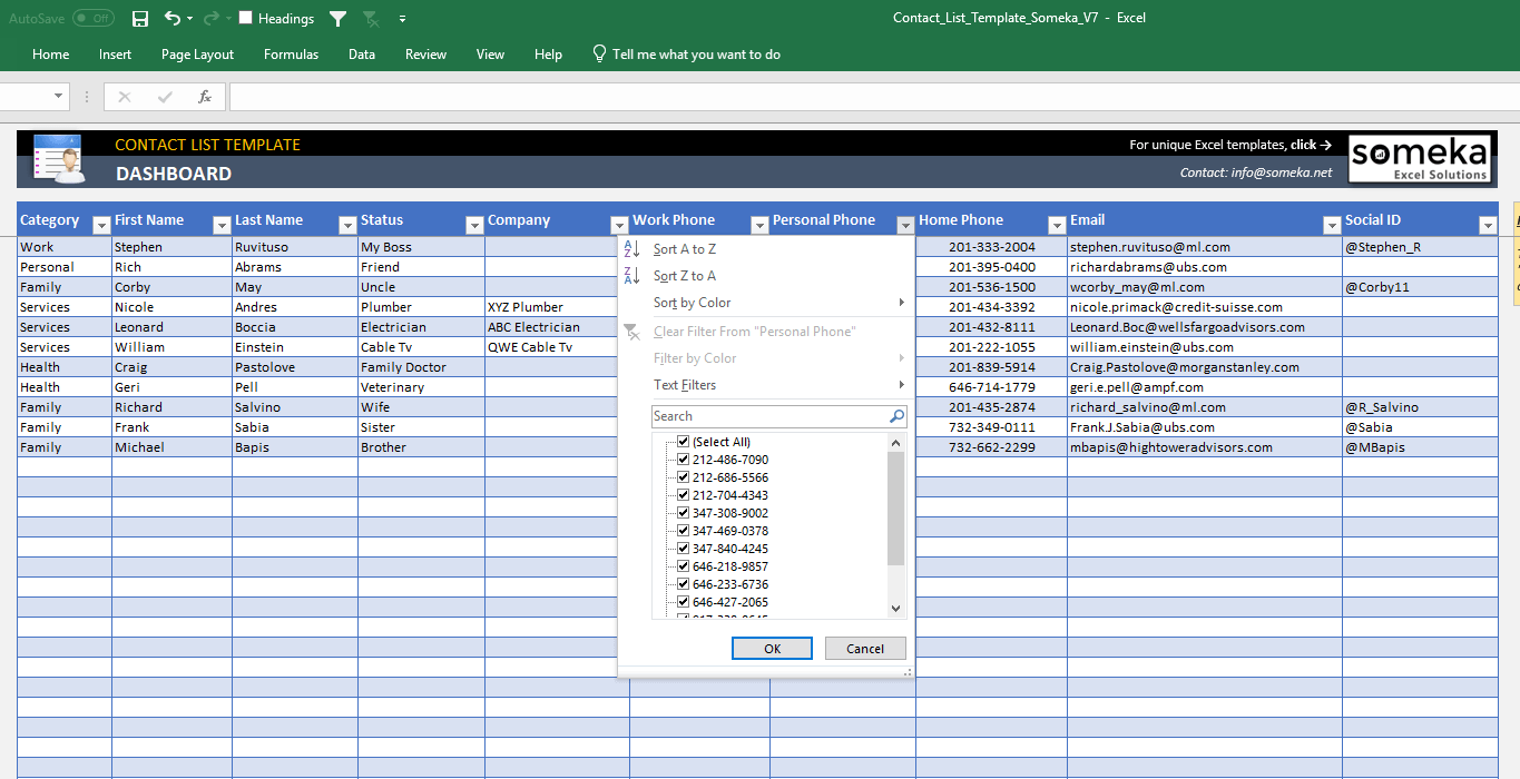 Contact List Excel Template