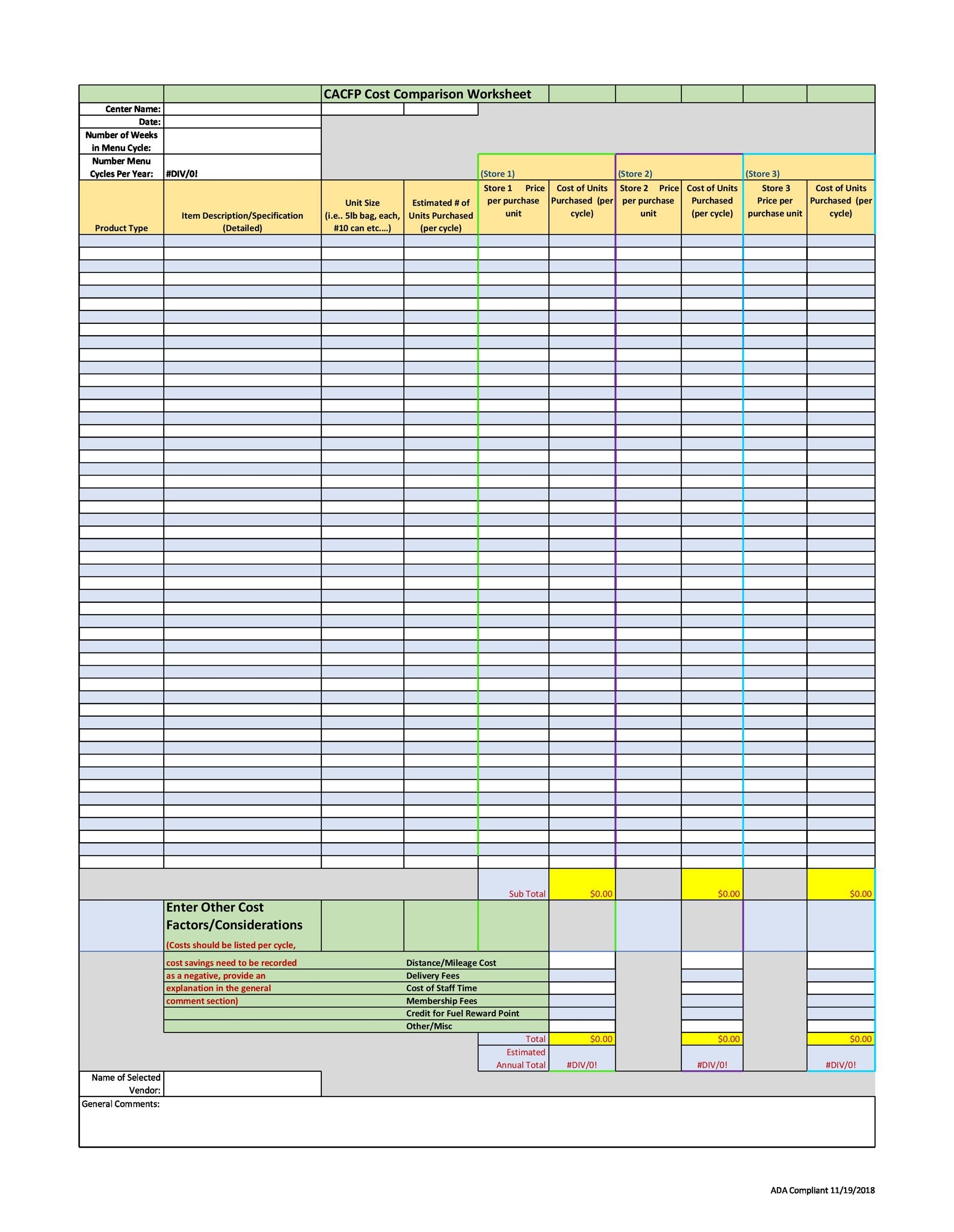 Cost Comparison Excel Template Database
