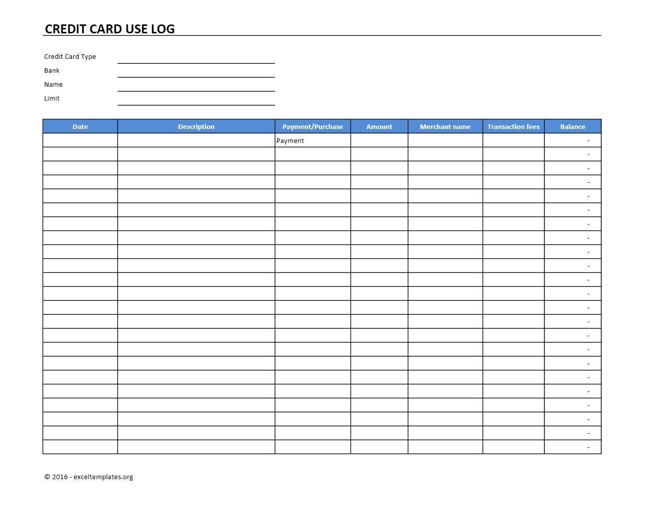Credit Card Use Log Template EXCELTEMPLATES