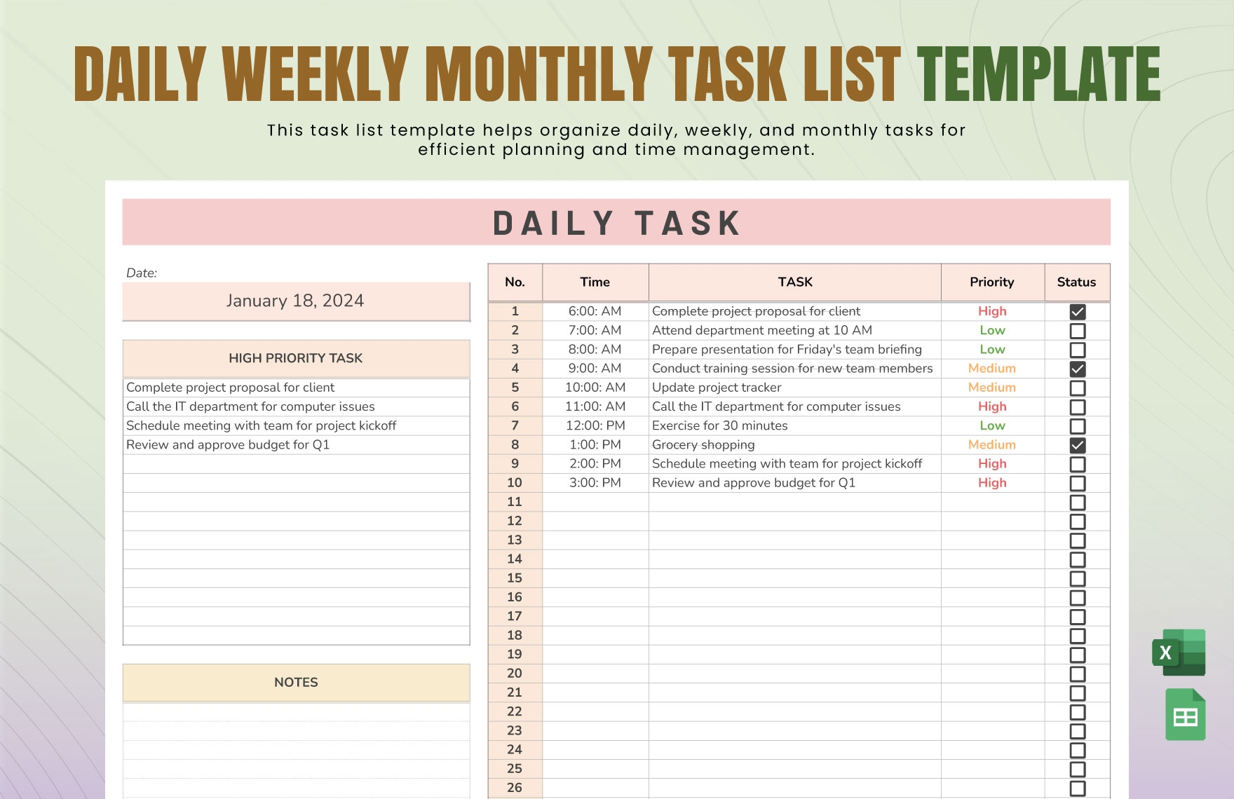 Daily Weekly Monthly Task List Template In Excel Google Sheets 