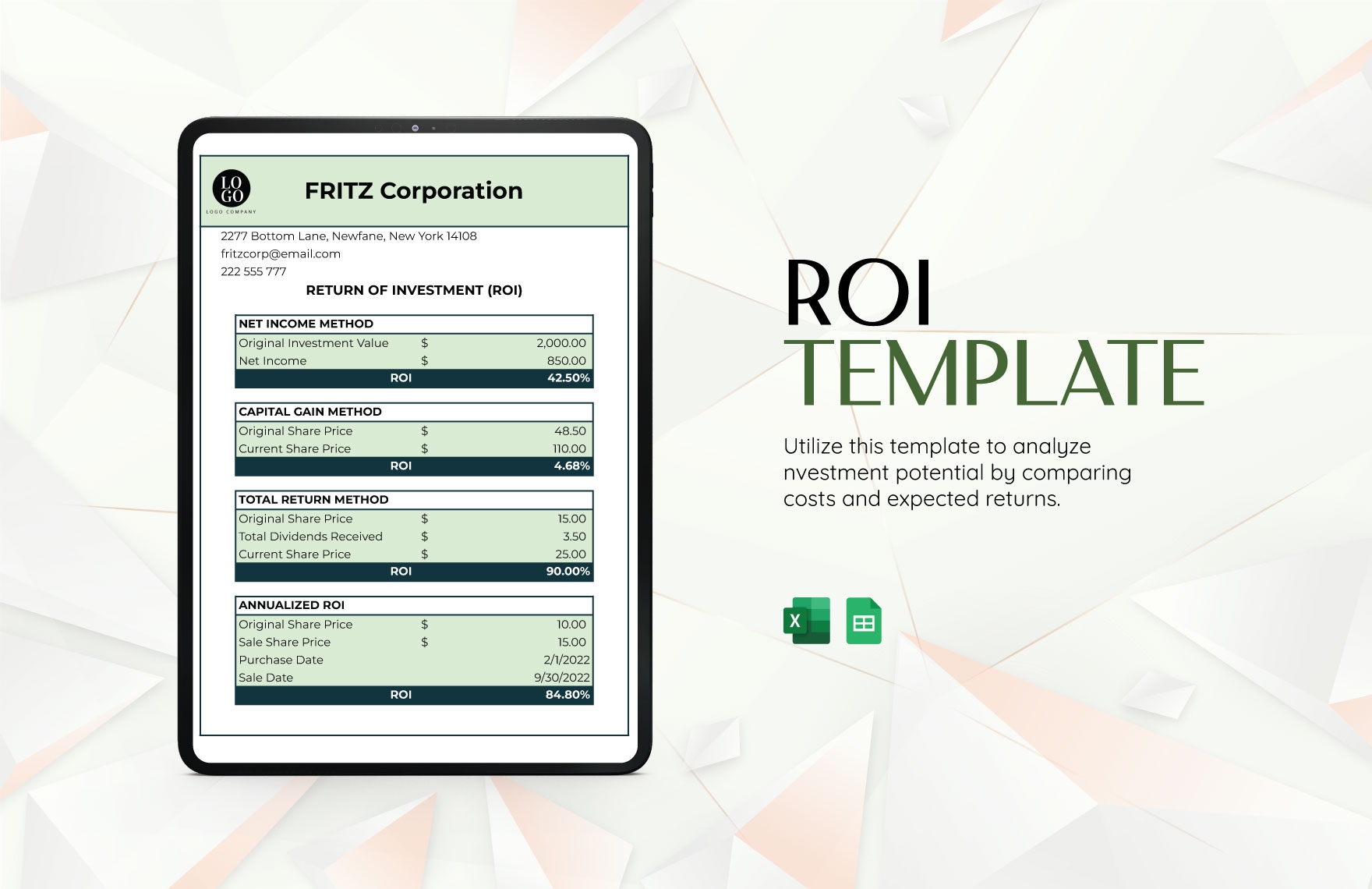 Editable ROI Return Of Investment Templates In Excel To Download