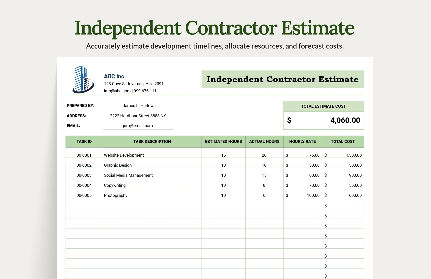 Excel Construction Estimate Template