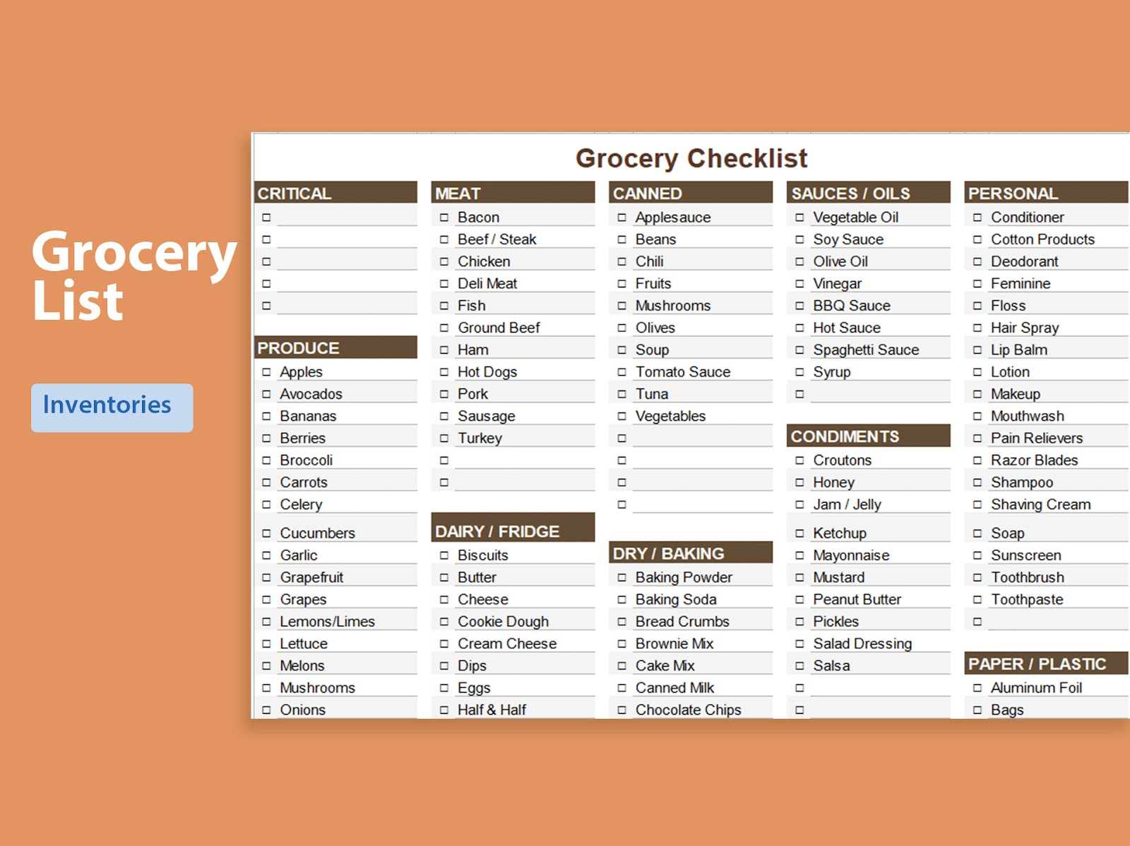 Excel Customizable Grocery List Template