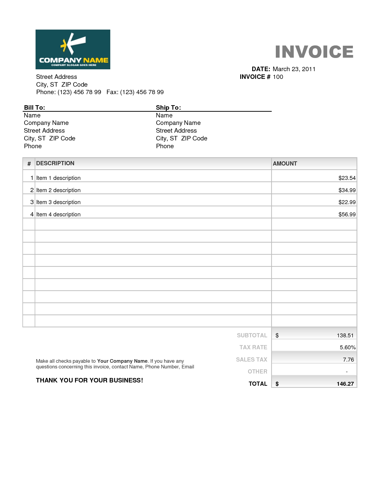 Excel Invoices Templates Free Invoice Template Ideas
