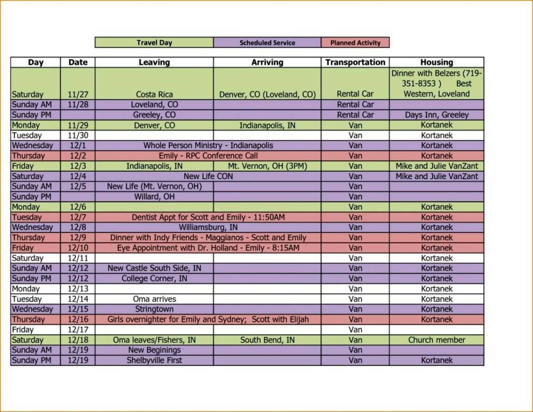 Excel Itinerary Template