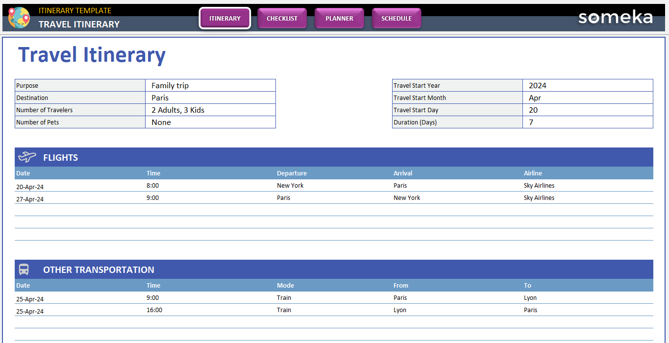 Excel Itinerary Template Travel Planner