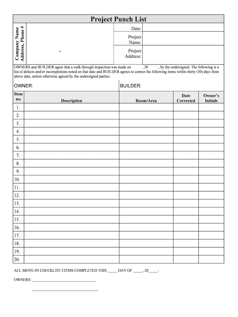 Excel Printable Punch List Template Printable Templates