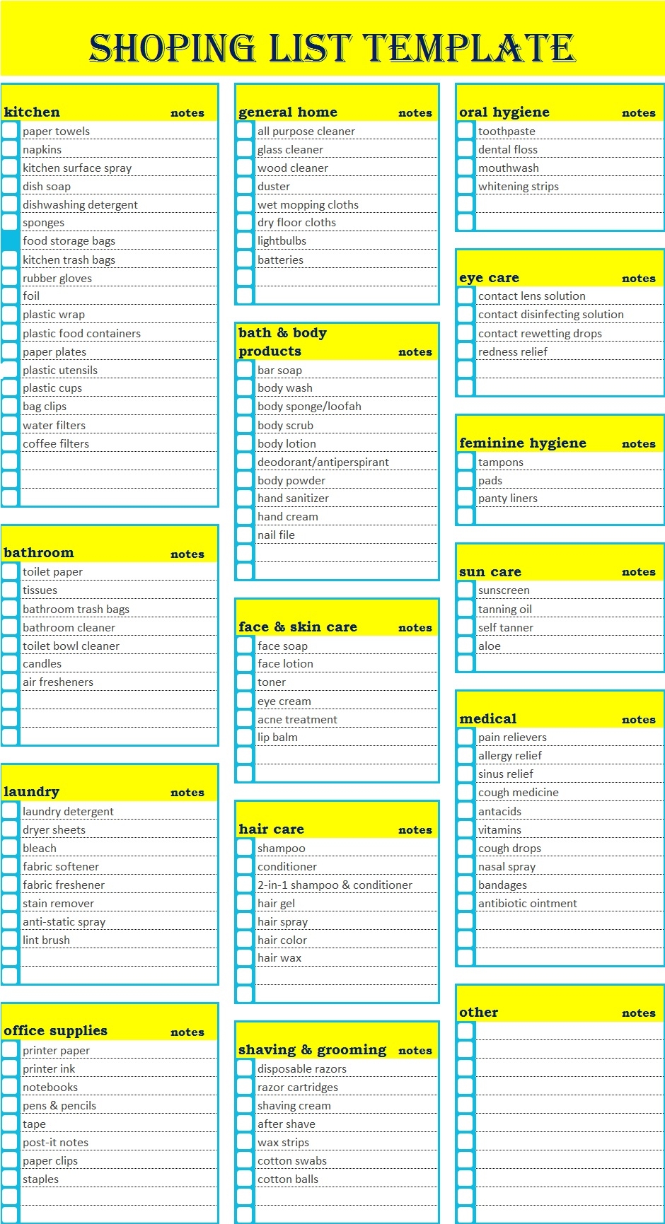 Excel Shopping List Template