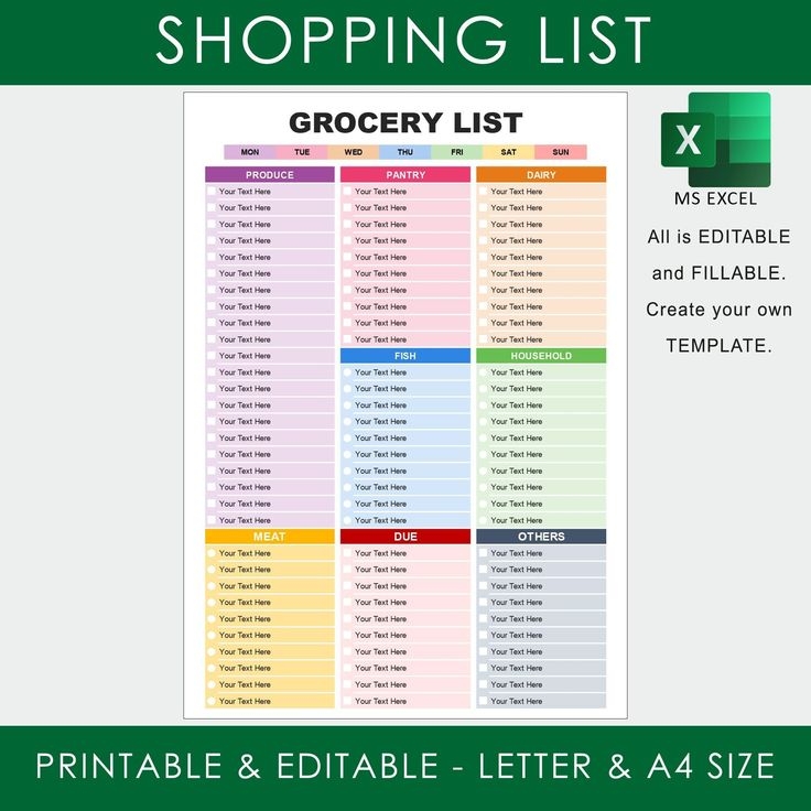 EXCEL Spread Sheet Template Grocery List Grocery Planner Grocery 