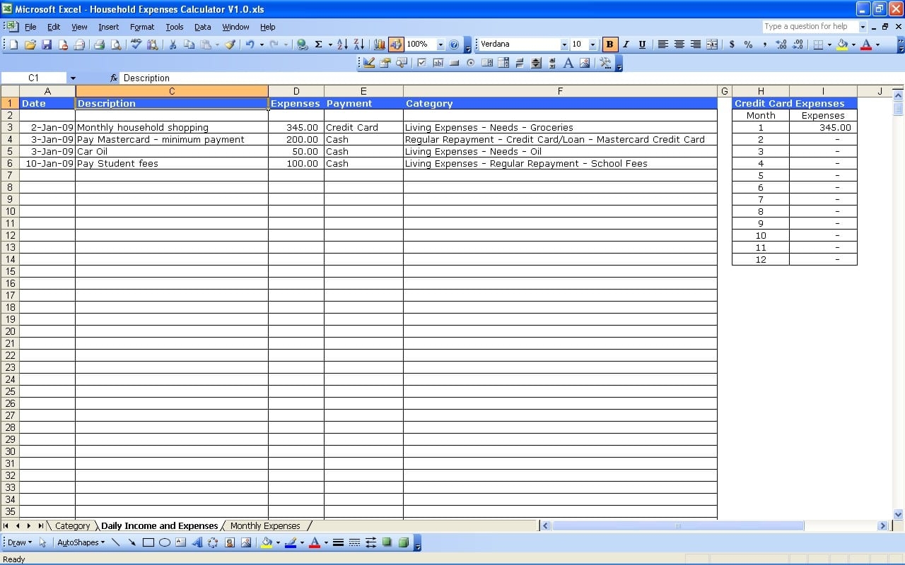 Excel Spreadsheet For Expenses Monthly Expenses Template Menscz