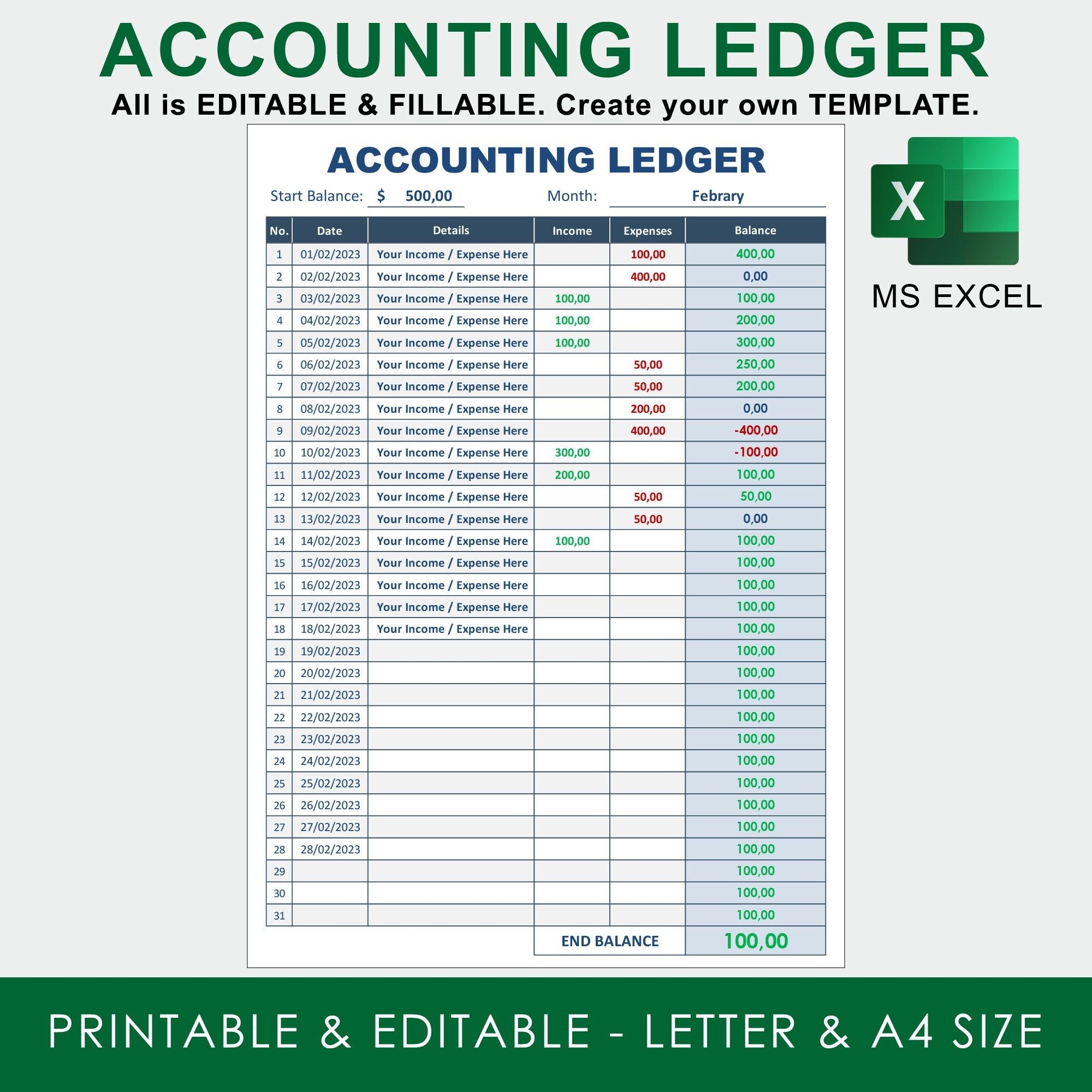 EXCEL Spreadsheet Template Printable Accounting Expense Tracker 
