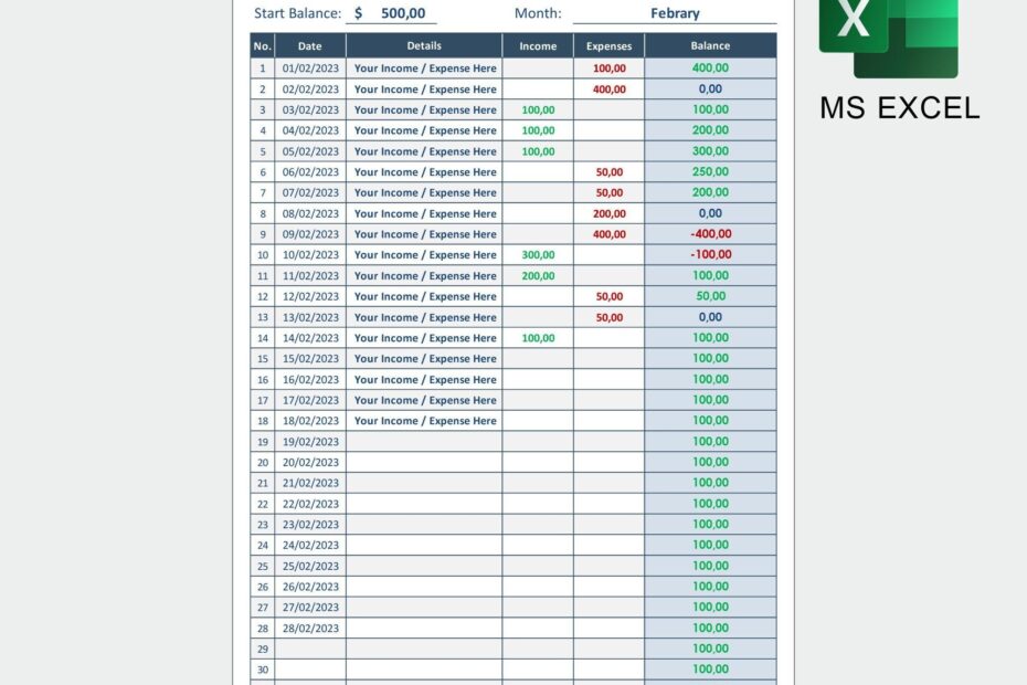 EXCEL Spreadsheet Template Printable Accounting Expense Tracker