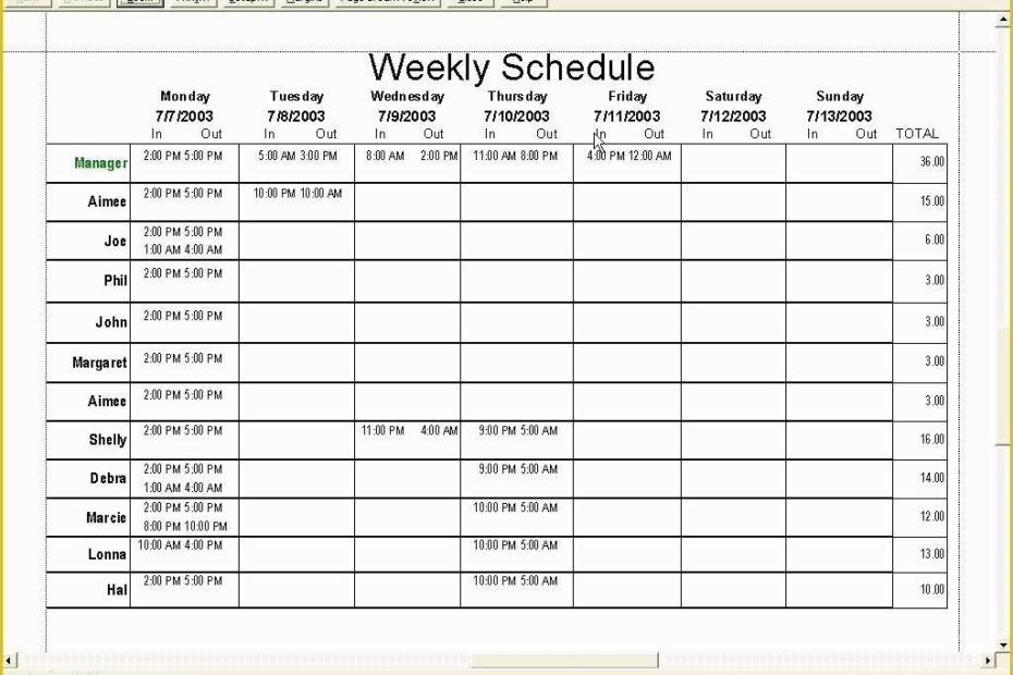 Excel Work Schedule Template Free Of Employee Schedule Template