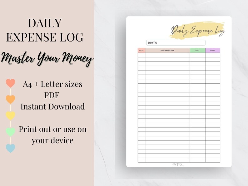 Expense Log Printable Expense Tracker Purchase Log Spending Sheet 