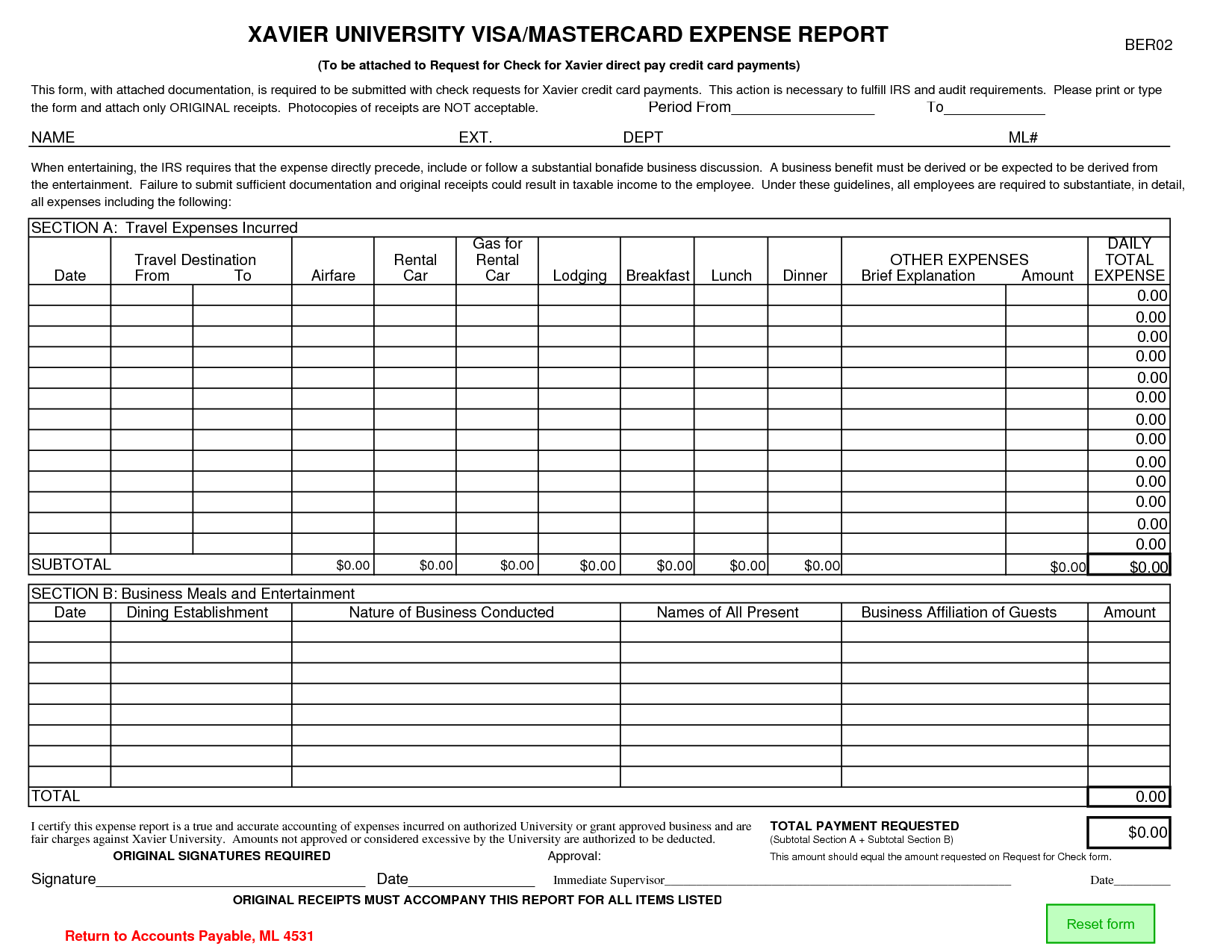 Expense Report Forms Printable Credit Card Expense Report Template 