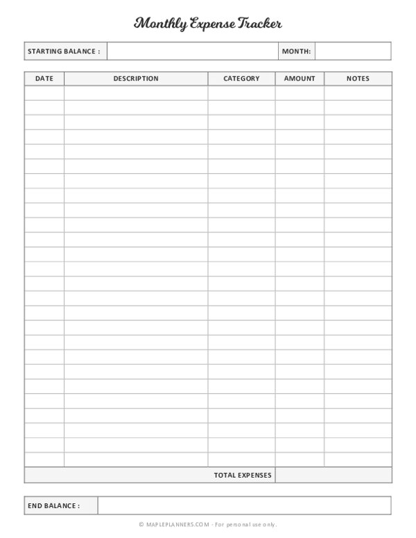 Expense Tracker Template Printable