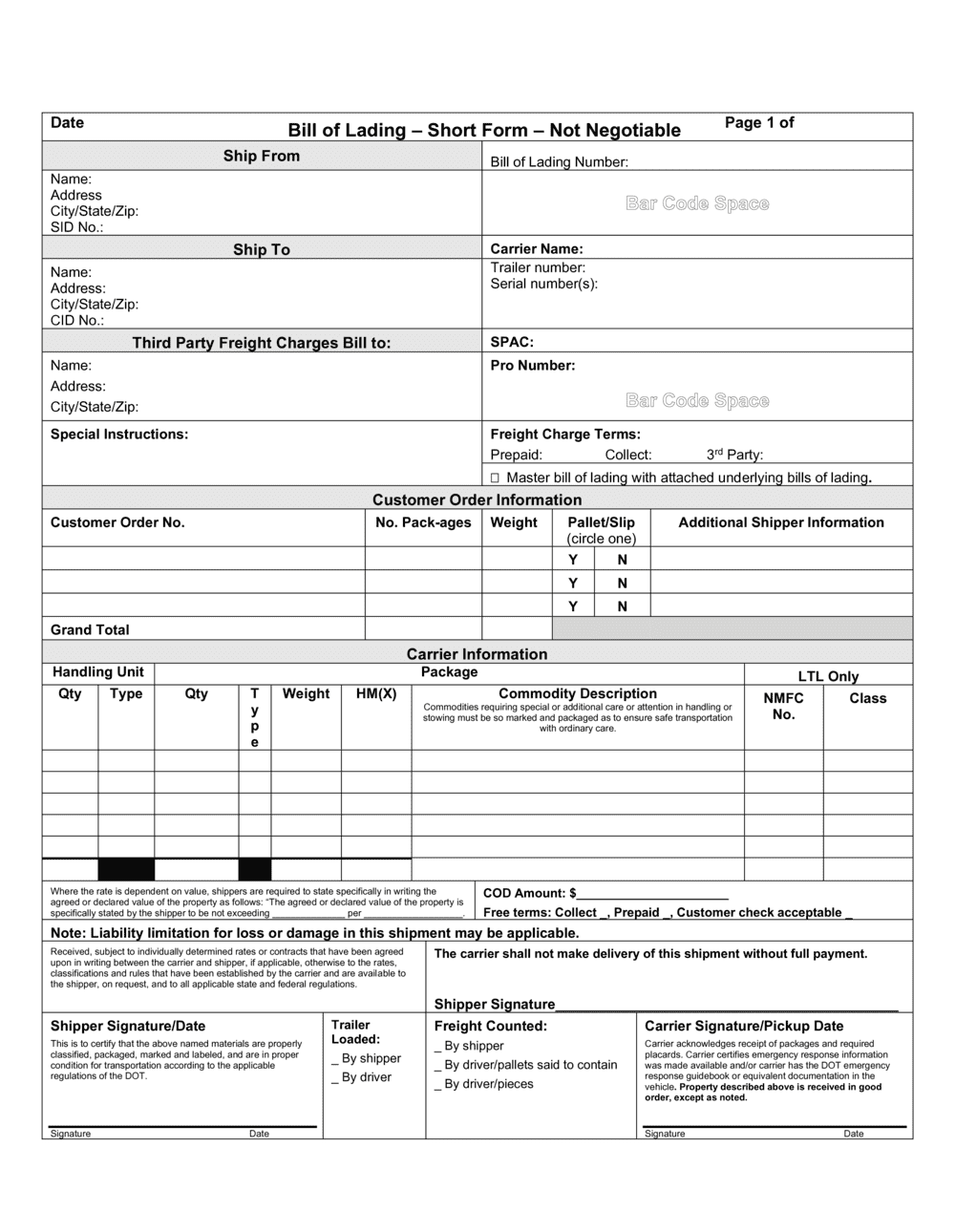 Fillable Bill Of Lading Template Excel Printable Forms Free Online