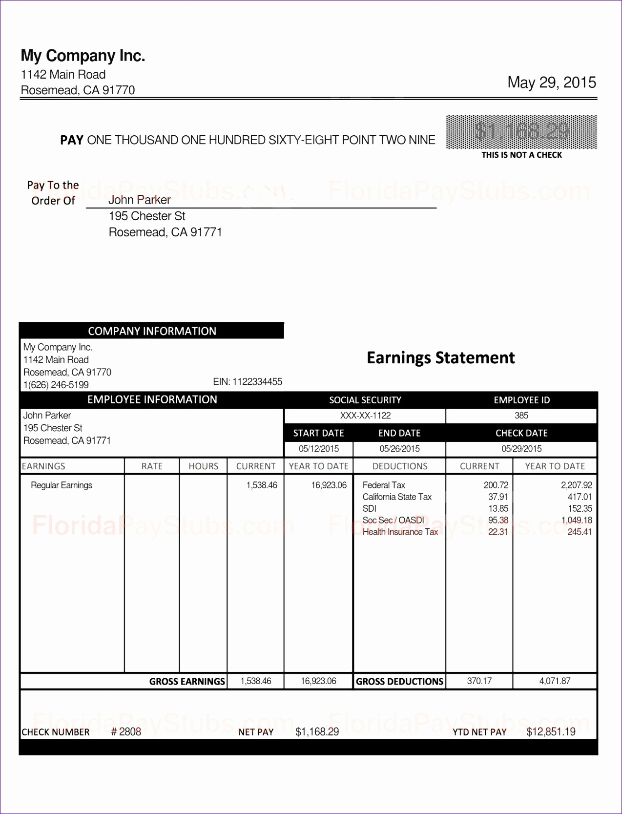 Fillable Excel Pay Stub Template