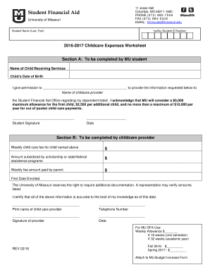 Fillable Online Financialaid Missouri Childcare Expenses Worksheet 2016 