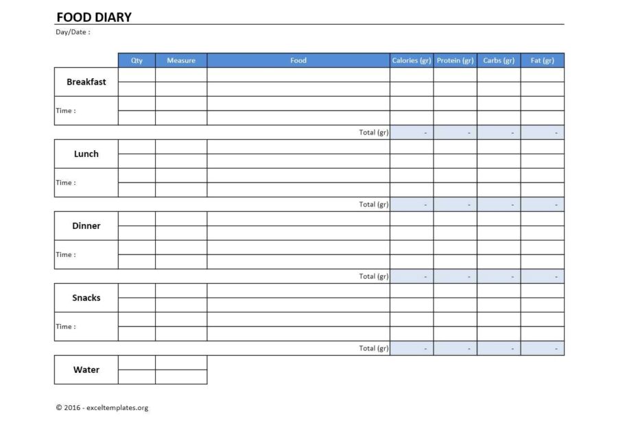 Food Diary Excel Template EXCELTEMPLATES