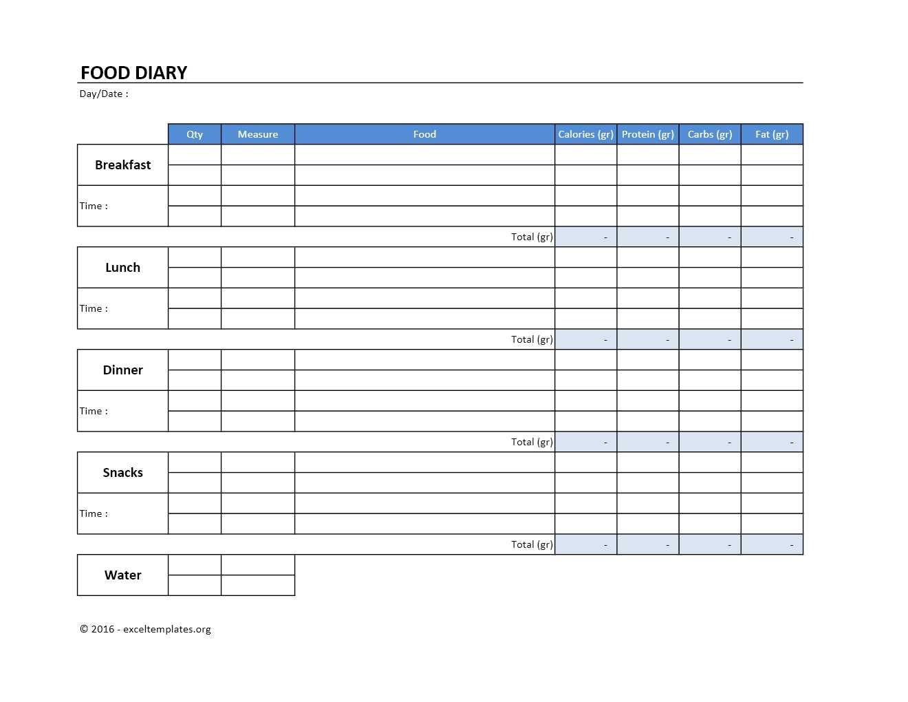 Food Diary Excel Template EXCELTEMPLATES