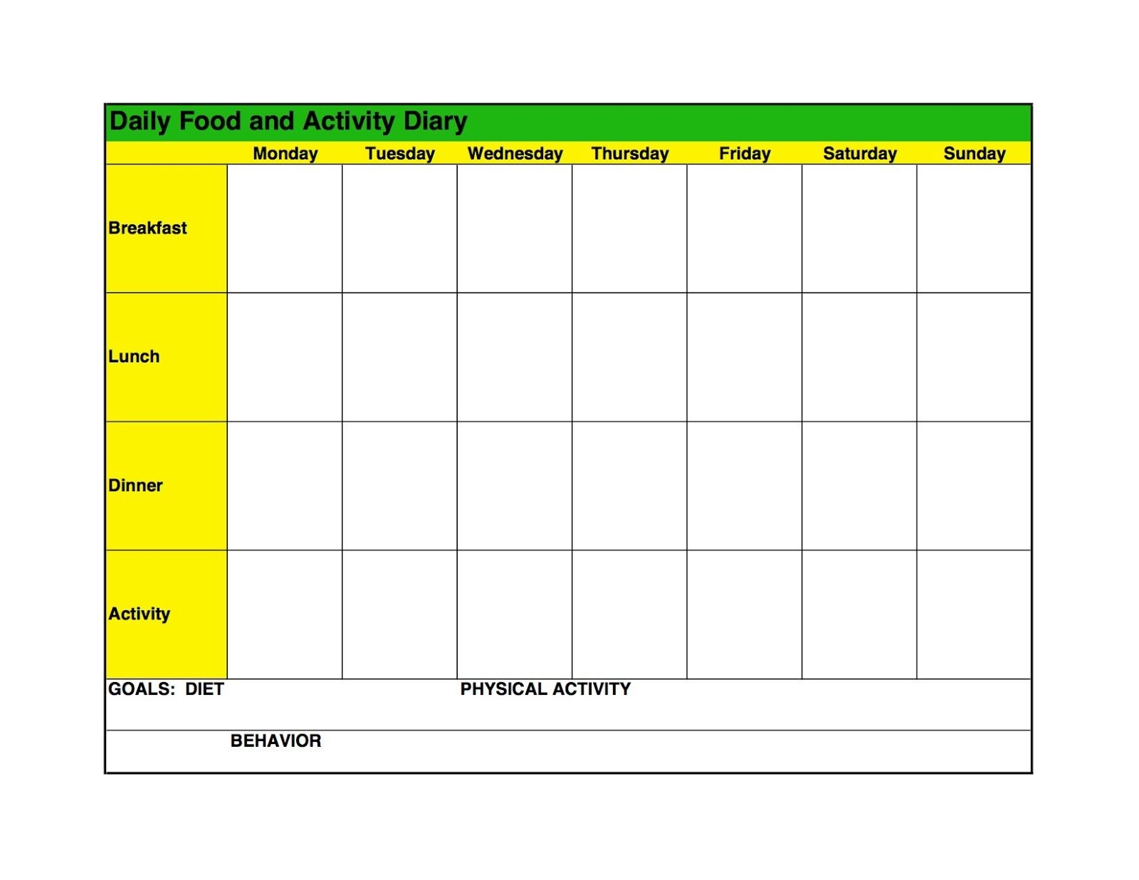 Food Log Template Printable In Excel Format Excel Template Food Diary 