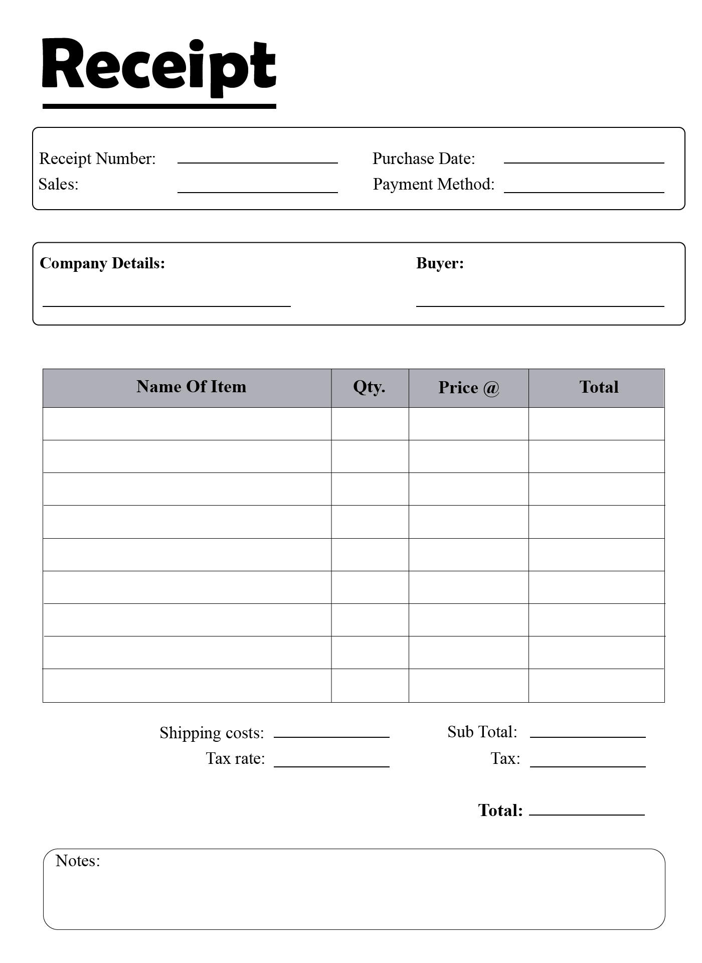 Free Blank Receipt Form Printable Printable Forms Free Online