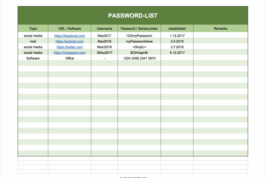 Free Password Log List As Excel Template